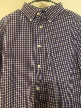 Crown & Ivy Shirt Men L Slim Fit Stretch Wrinkle Free Blue Plaid Button Down
